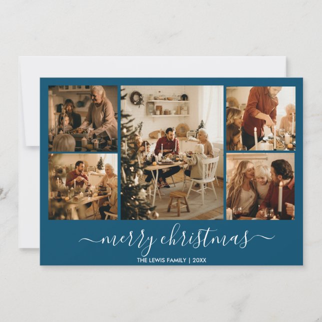Blue Frohe Weihnachten 5-Foto-Urlaubskarte (Vorderseite)