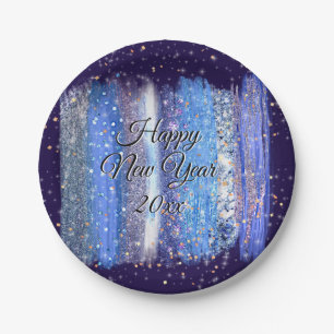Blue Frosty Brush Schlaganfälle Happy New Year 20x Pappteller