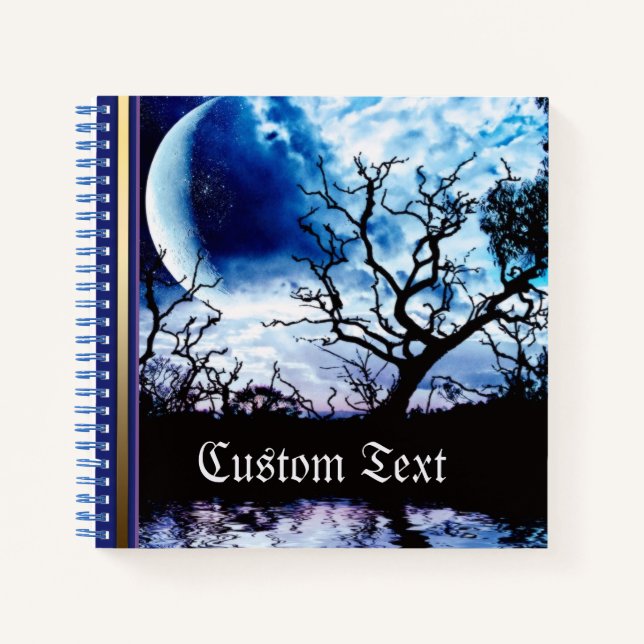 Blue Full Moon Tree Silhouette Notizbuch (Vorderseite)
