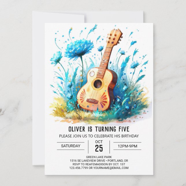 Blue Fun Guitar Boy Birthday Einladung (Vorderseite)