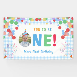 Blue Fun to Be One Photo First Birthday Banner