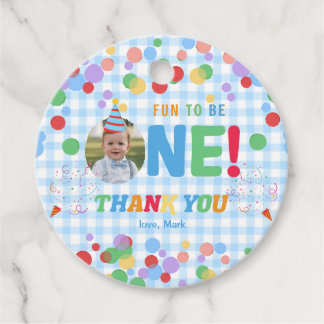 Blue Fun to Be One Photo First Birthday Favor Tags Geschenkanhänger