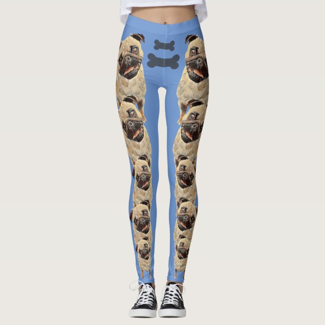Blue Fun und Funky Pastel Mops Hunde Leggings (Vorderseite)