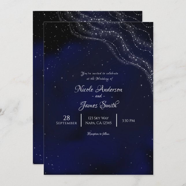 Blue Funkelnd Starry Night Sky Wedding Einladung (Vorne/Hinten)