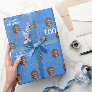 Blue Funny Custom Face Foto 100. Geburtstagsparty Geschenkpapier