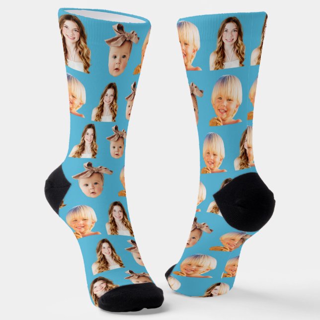 Blue Funny Personalisierte Mama 3 Kids Foto Socken (Gewinkelt)