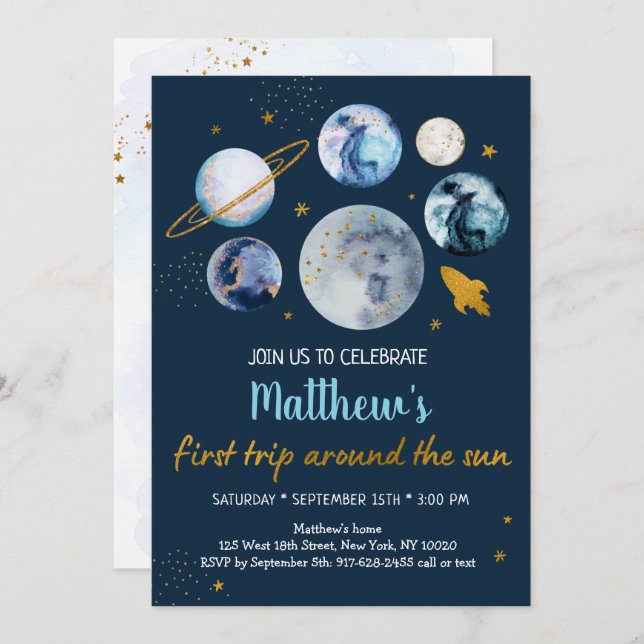 Blue Galaxy Erster Ausflug rund um die Sonne Gebur Einladung (Vorne/Hinten)