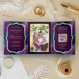 Blue Galaxy Lila Mandala QR Code Indian Wedding Dreifach Gefaltete Einladung