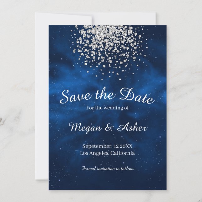 Blue Galaxy Night Sky mit Silver Confetti Save The Date (Vorderseite)