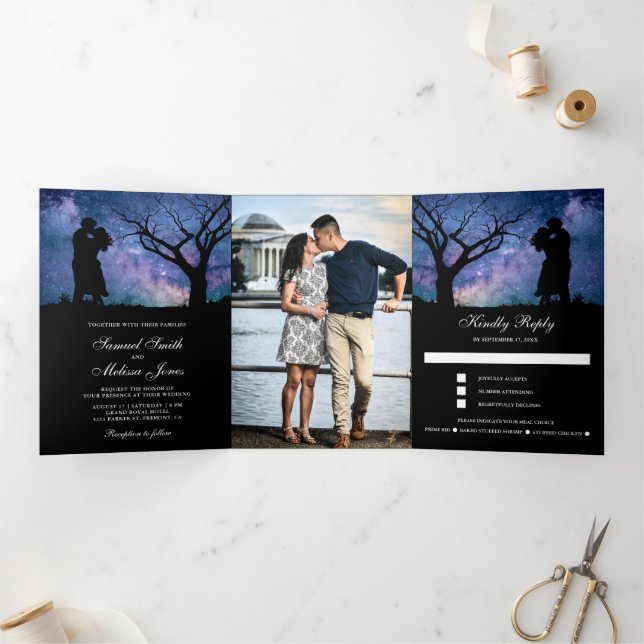 Blue Galaxy Romantic Couple Foto Hochzeit Dreifach Gefaltete Einladung (Innenseite)