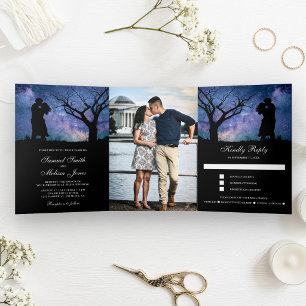 Blue Galaxy Romantic Couple Foto Hochzeit Dreifach Gefaltete Einladung