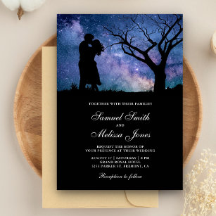 Blue Galaxy Romantic Couple Silhouette Hochzeit Einladung