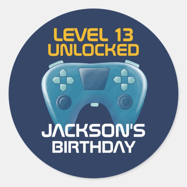 Blue Gamer Boy Gaming Level Uncked Birthday Runder Aufkleber (Vorderseite)