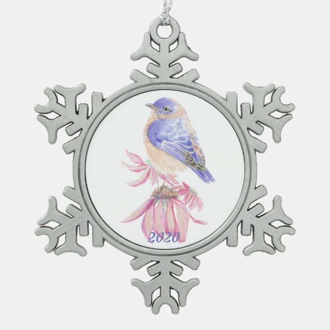 Blue Garden Bird of Western Bluebird Schneeflocken Zinn-Ornament (Vorderseite)