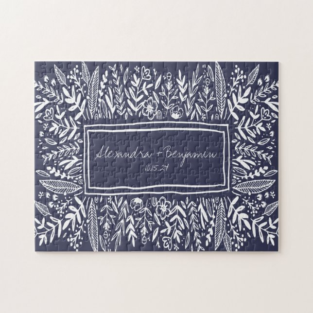 Blue Garden Blumenstrasse Name Hochzeit Puzzle (Horizontal)