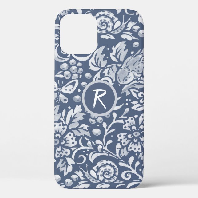 Blue Garden Floral Bird Schnecke Monogram Denim  Case-Mate iPhone Hülle (Rückseite)