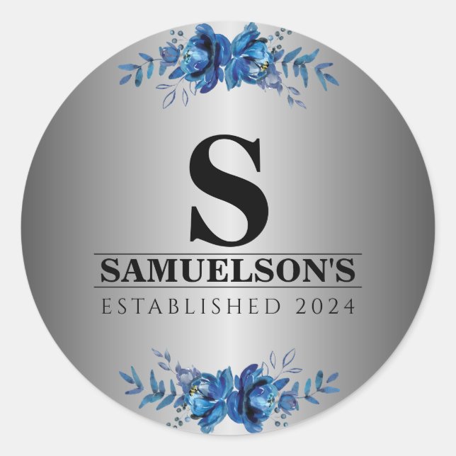 Blue Garden Soirée Metallic Silver Runder Aufkleber (Vorderseite)
