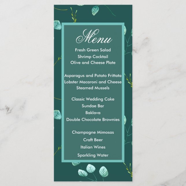 Blue Garden Watercolor Stiems Wedding Menu Menükarte (Vorderseite)