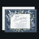 Blue Garland 50. Geburtstagsparty Einladung<br><div class="desc">Es ist Zeit zu feiern und diese Einladung ist perfekt! Dieses Design zeichnet sich durch einen dunkelblauen Hintergrund mit einer eleganten blauen und grünen Garage aus,  die mit einer individuellen Typografie versehen ist.</div>