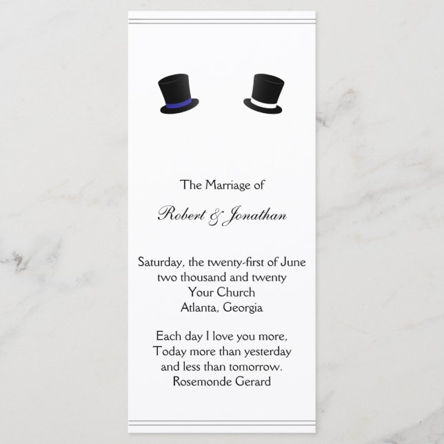 Blue Gay Wedding Program für Top Hats und Bow Kraw Programm (Vorderseite)