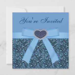 Blue Gem Stones, Bow & Heart Jewel Invest Einladung
