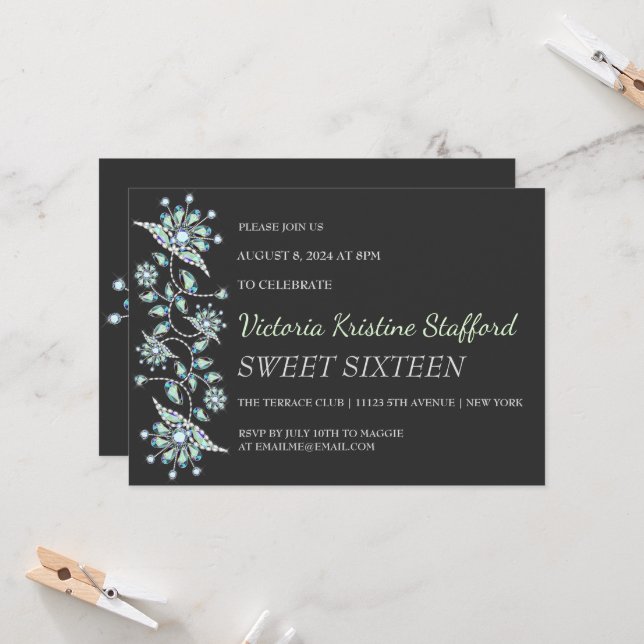 Blue Gems Floral Party Einladung (Vorderseite/Rückseite Beispiel)