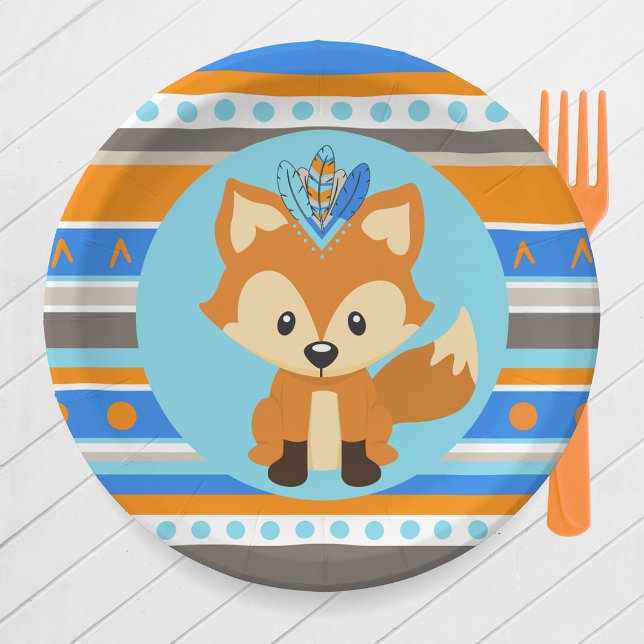 Blue Gemustert Woodland Fox Party Paper Teller (Tribal Woodland Forest Fox Party Paper Plates in Royal Blue, Baby Blue. Orange, Brown & Tan)