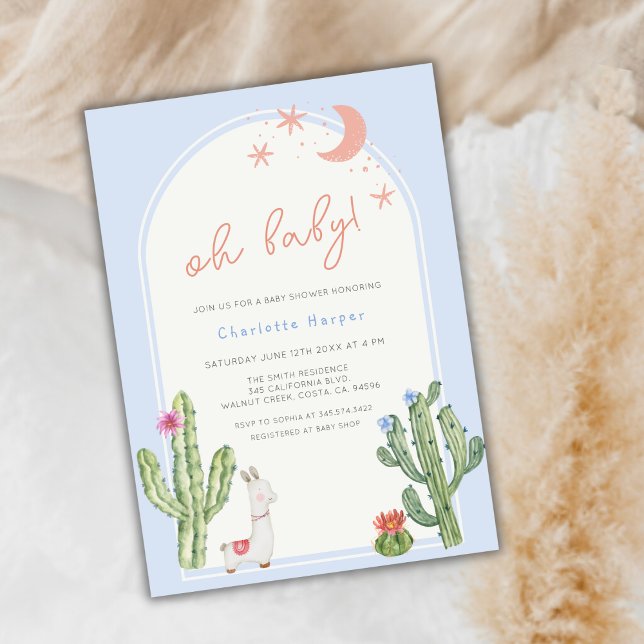 Blue Gender Neutral Boho Arch Cactus Baby Shower Einladung (Blue Gender Neutral Boho Arch Cactus Baby Shower Invitation)