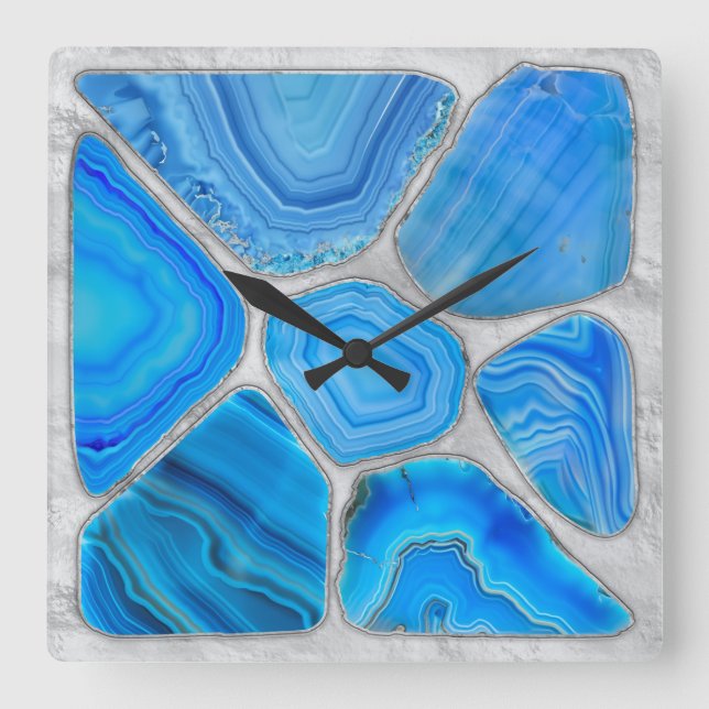 Blue Geode Agate Mosaik Blume art Quadratische Wanduhr (Vorderseite)