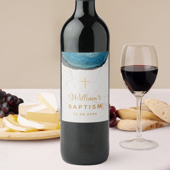 Blue Geode Boy Taufe Marble Gold Cross Agate Weinetikett (Von Creator hochgeladen)