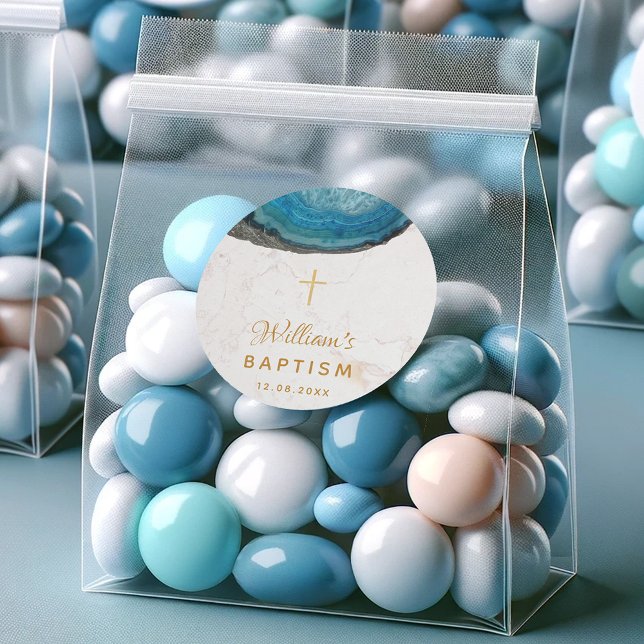 Blue Geode Boy Taufe Weiße Marmorgoldkreuz Runder Aufkleber (Von Creator hochgeladen)