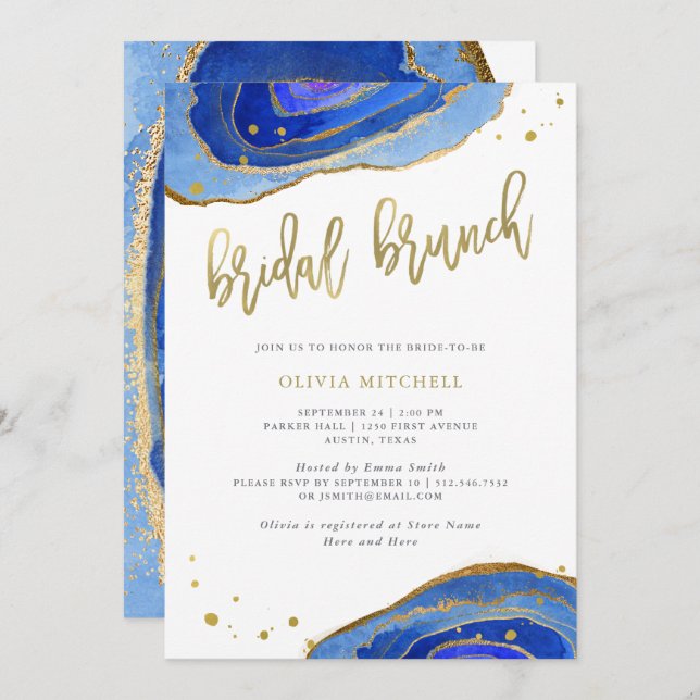 Blue Geode mit Gold| Brunch Einladung (Vorne/Hinten)