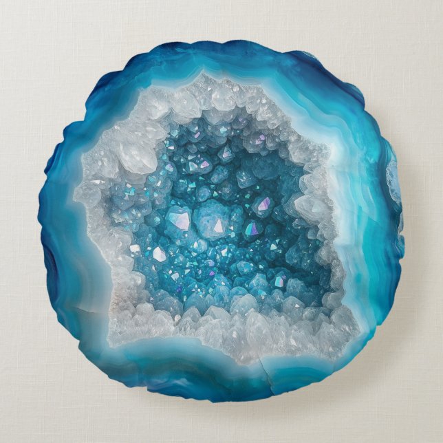 Blue Geode Rock Mineral Agate Crystal Modern Rundes Kissen (Vorderseite)