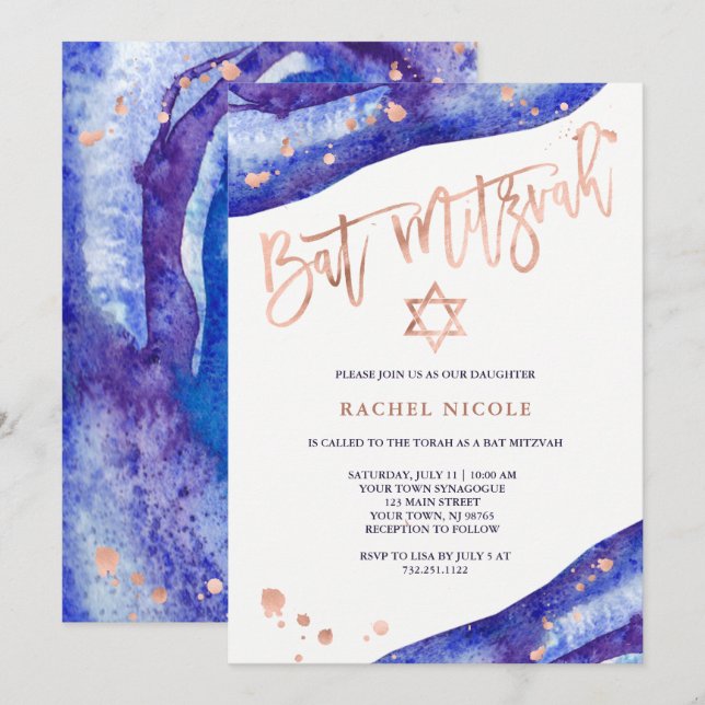 Blue Geode und Imitats Rose Gold Look Bat Mitzvah Einladung (Vorne/Hinten)