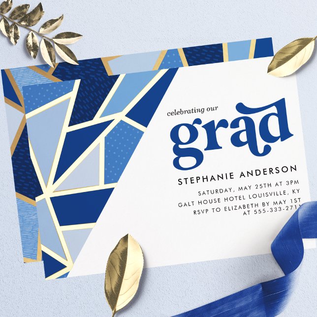 Blue Geometric Gold Modern Graduation Party Folieneinladung (Von Creator hochgeladen)