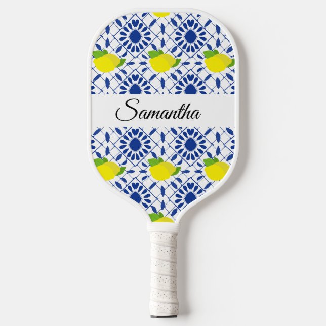Blue Geometric Lemon Tile Pickleball Schläger (Vorderseite)