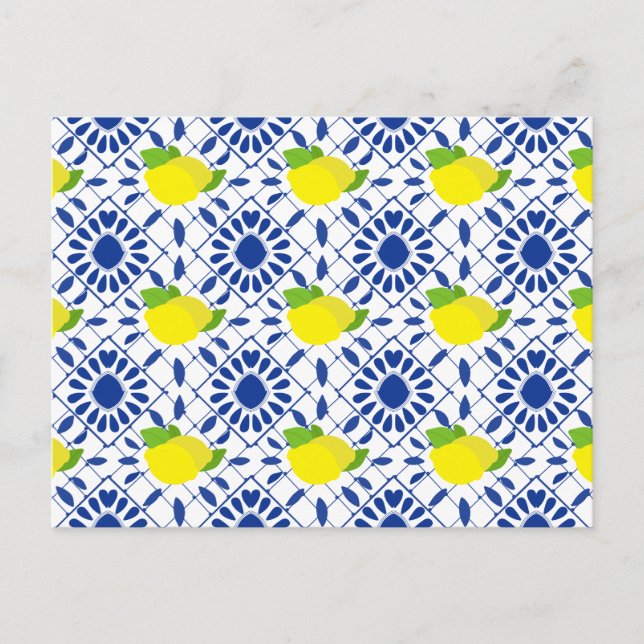 Blue Geometric Lemon Tile Postkarte (Vorderseite)