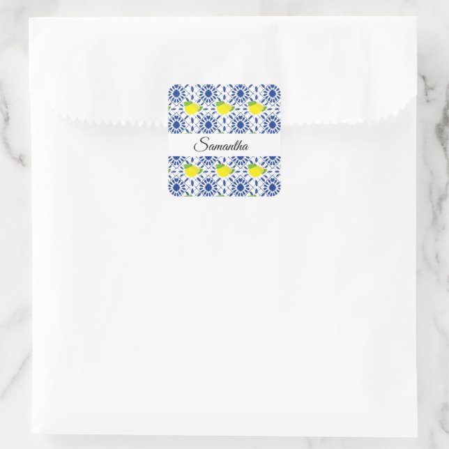 Blue Geometric Lemon Tile Quadratischer Aufkleber (Tasche)
