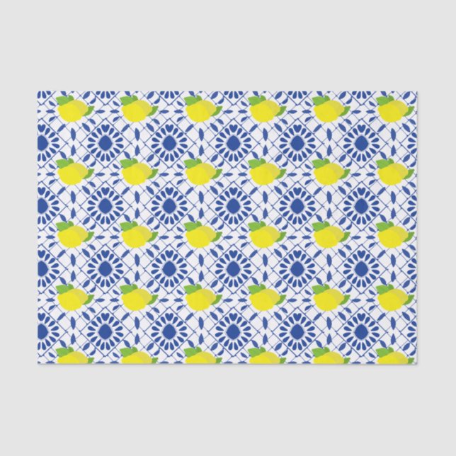 Blue Geometric Lemon Tile Seidenpapier (Vorderseite)