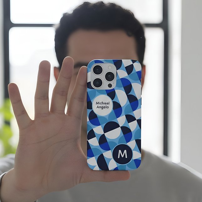 Blue Geometric Mosaic Bauhaus Monogram Custom Name iPhone Hülle (Von Creator hochgeladen)