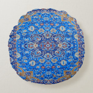 Blue Geometric Persian Türkischer Rug Print Rundes Kissen