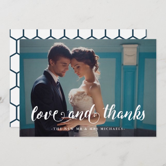 Blue Geometric Print Wedding Vielen Dank Foto Dankeskarte (Vorne/Hinten)