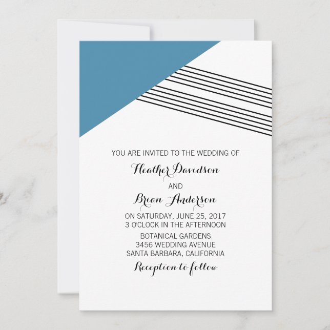 Blue Geometric Stripe Wedding Invite Einladung (Vorderseite)