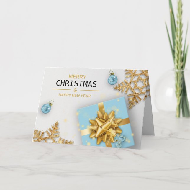 Blue Geschenkboxen Christmas Balls Gold Snowflakes Karte (Vorderseite)