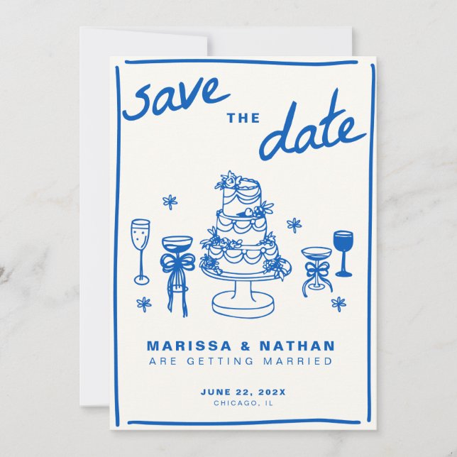 Blue Gezeichnet Together Wedding Save The Date (Vorderseite)