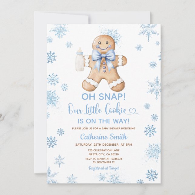 Blue Gingerbread Christmas Baby Shower Snowflakes Einladung (Vorderseite)