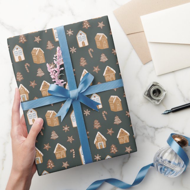 Blue Gingerbread House Christmas Pattern Geschenkpapier (Schenken)