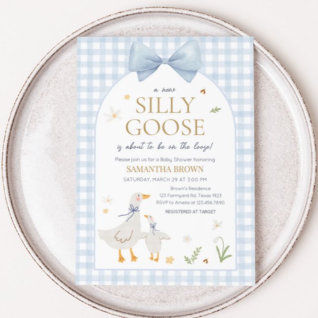 Blue Gingham Albern Gänse Baby Dusche Einladung (Silly Goose Gingham Baby Shower Invitation)
