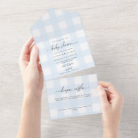 Blue Gingham All in One Baby Dusche Einladung
