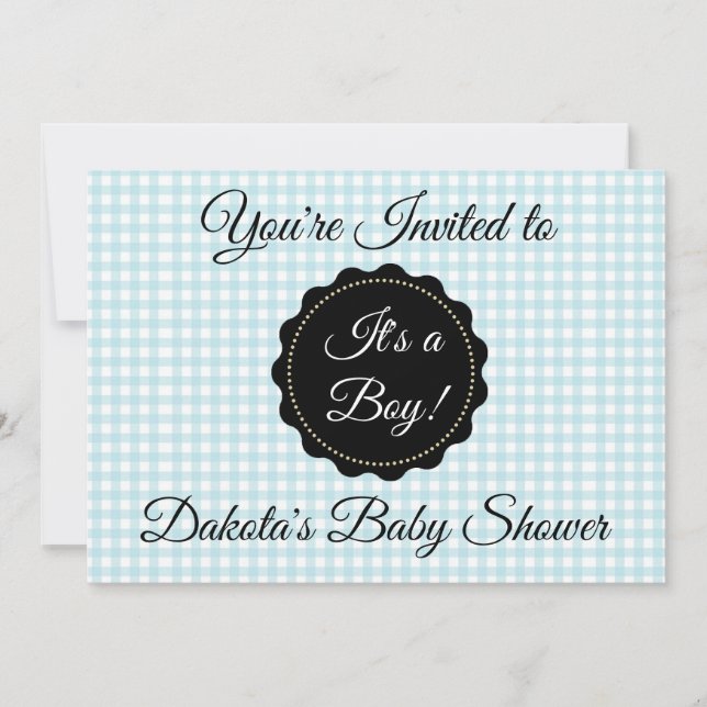 Blue Gingham and Black Boy Baby Shower Einladung (Vorderseite)